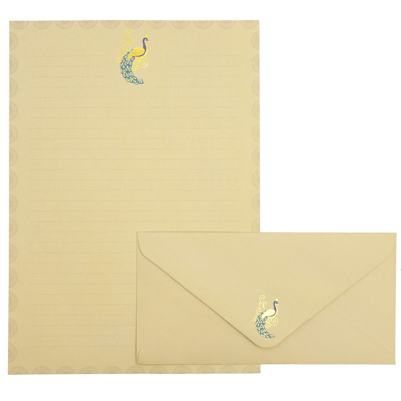 Lined Peacock Stationery Paper and Envelopes Set, Gold Foil (10.25x7.25 In, 48 Pack)